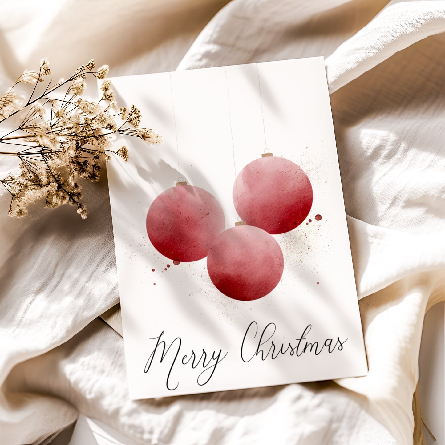 Printable Christmas Card - Red Ornament Watercolor Design