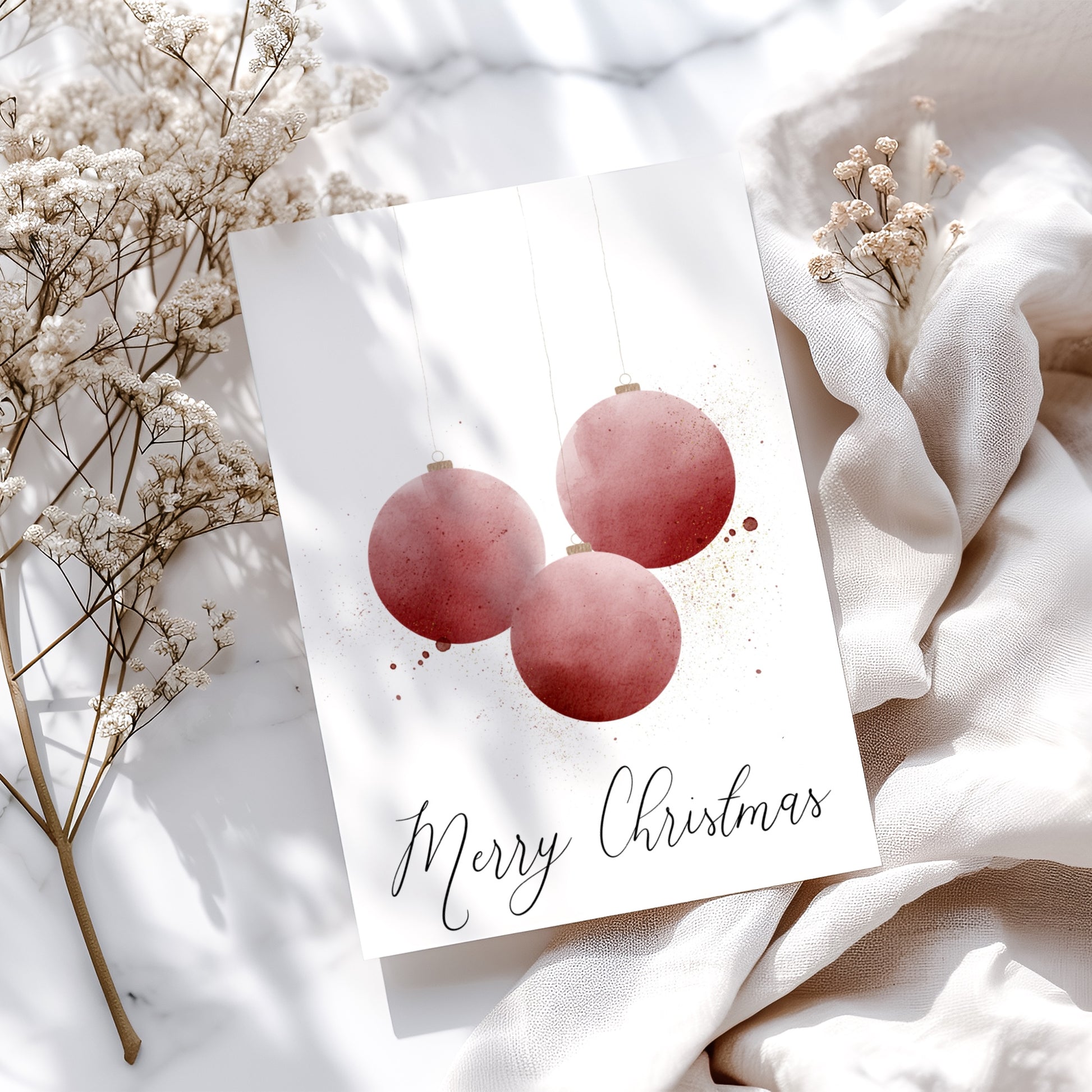 Printable Christmas Card - Red Ornament Watercolor Design