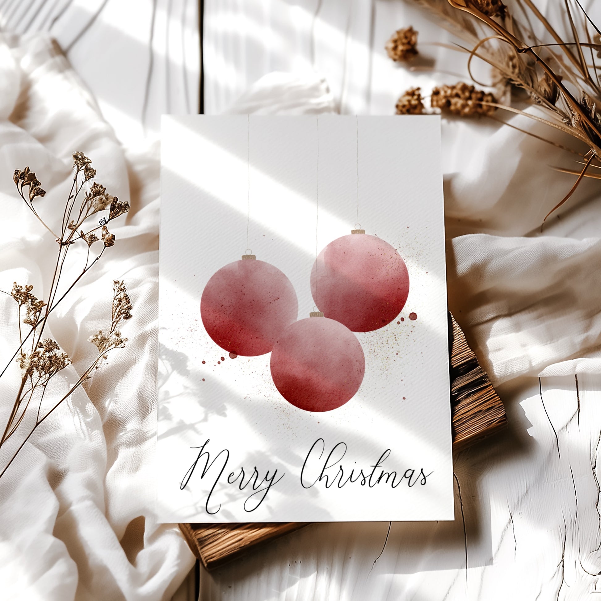 Printable Christmas Card - Red Ornament Watercolor Design