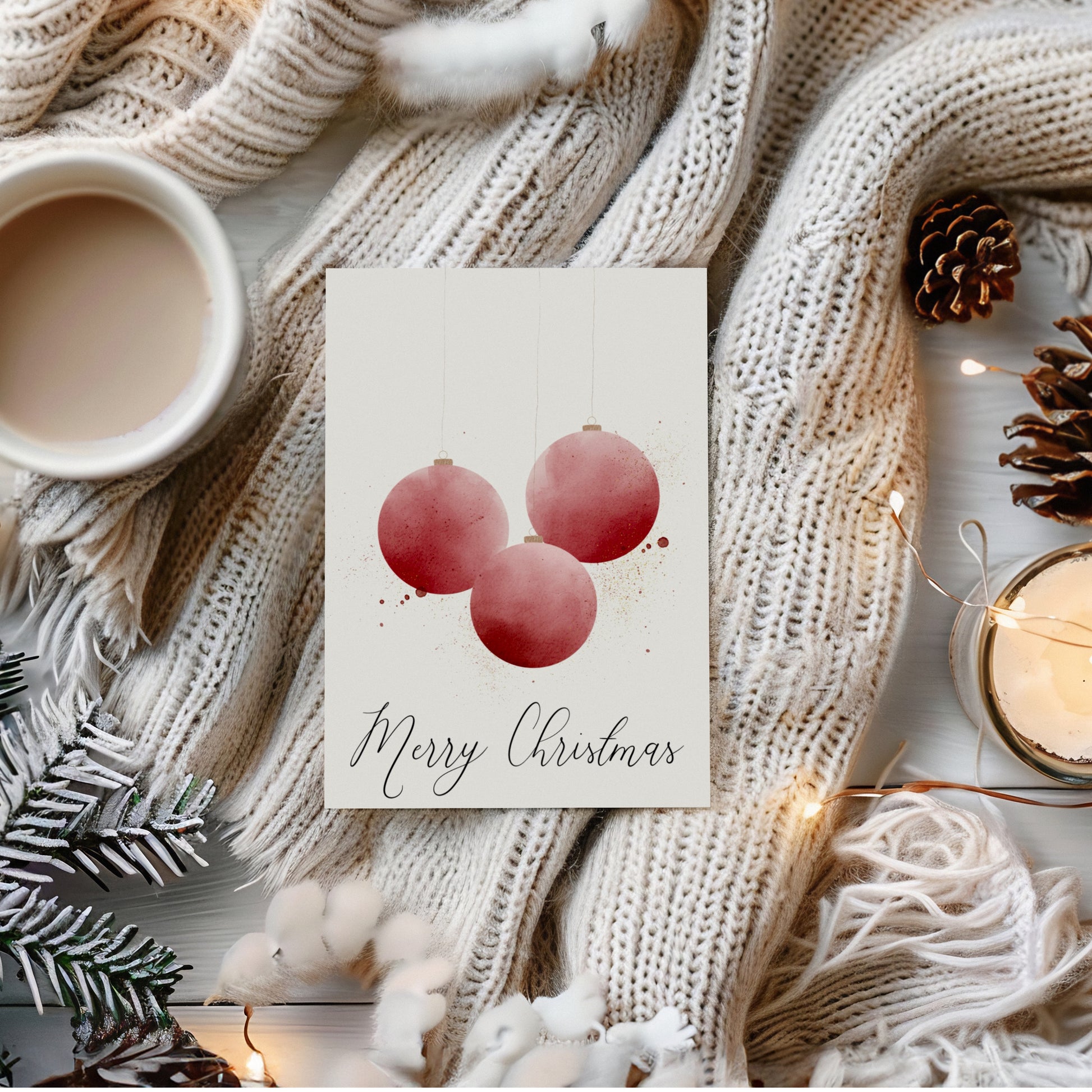 Printable Christmas Card - Red Ornament Watercolor Design